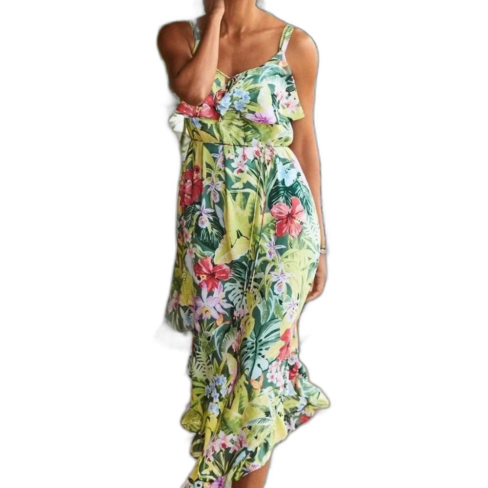 Tommy Bahama Tropolicious Maxi Dress Womens XS Green Floral Ruffle Asymmetrical